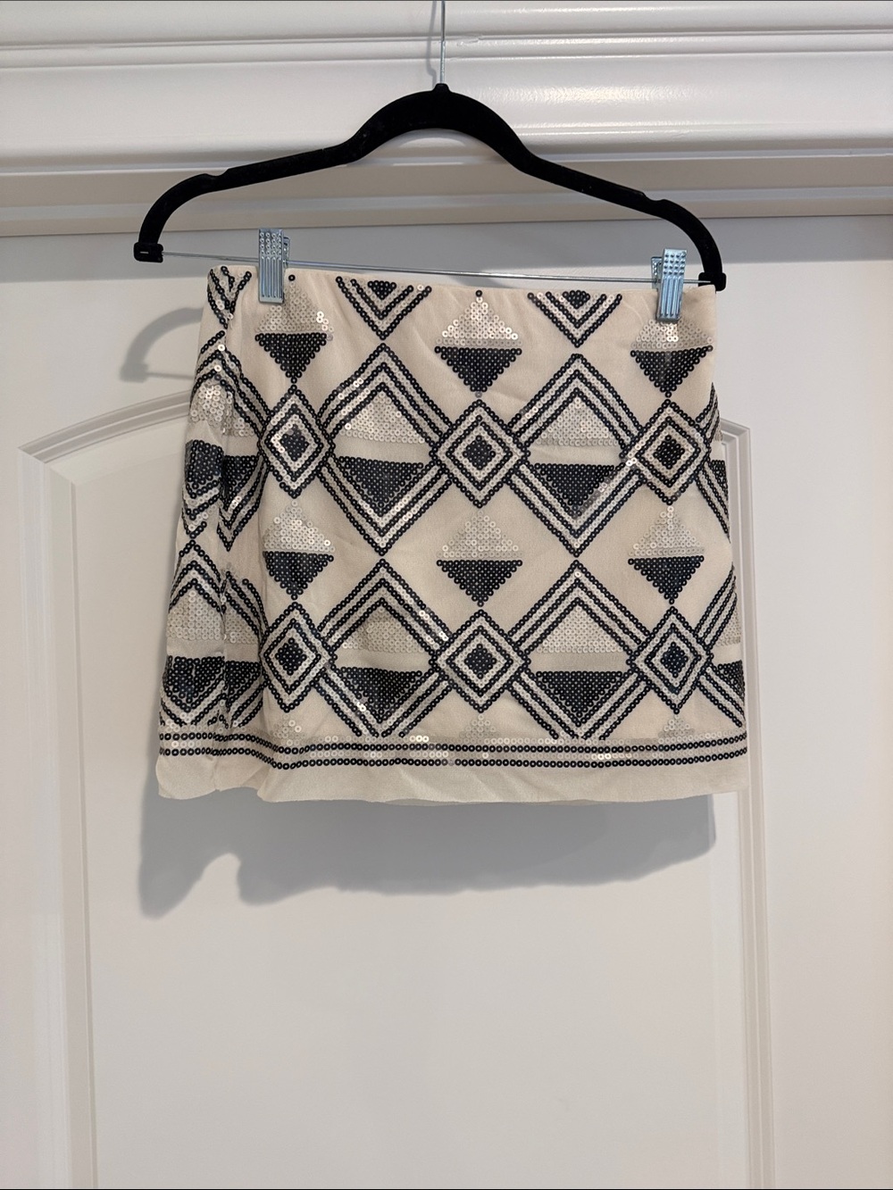 Chelsea & Violet Cream Mini Skirt with Black Geometric Sequin Pattern